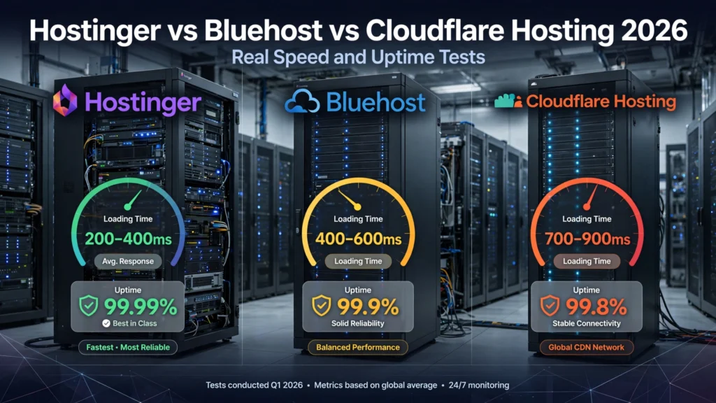 Hostinger vs Bluehost vs Cloudflare Hosting 2026: Real Speed and Uptime Tests